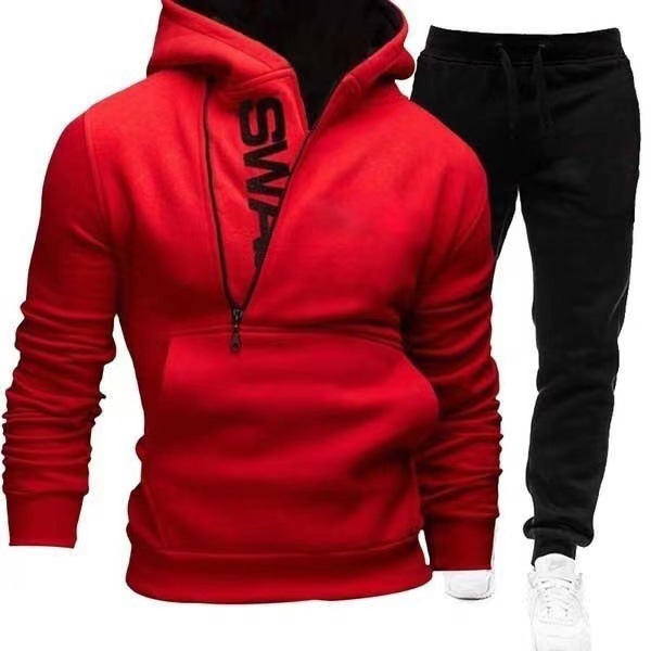 New men's hooded diagonal zipper printed pullover two-piece hoodie pants outer set_voghion.com
