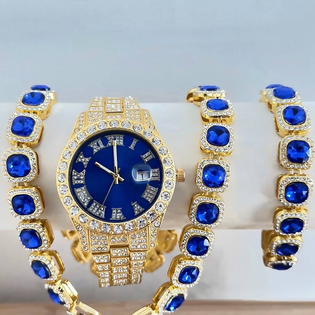 Elegante Quarzuhr aus Edelstahl mit passendem Armband und Halskette – modisches goldfarbenes Zifferblatt (rot/blau/grün) – perfekte Geschenkbox_voghion.com