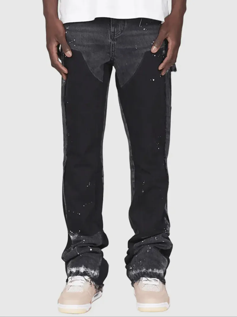 Men's Hand-Painted Flared Jeans - Black With Contrast Color Block Design, Retro Bootcut Trousers, Street Style Denim_voghion.com