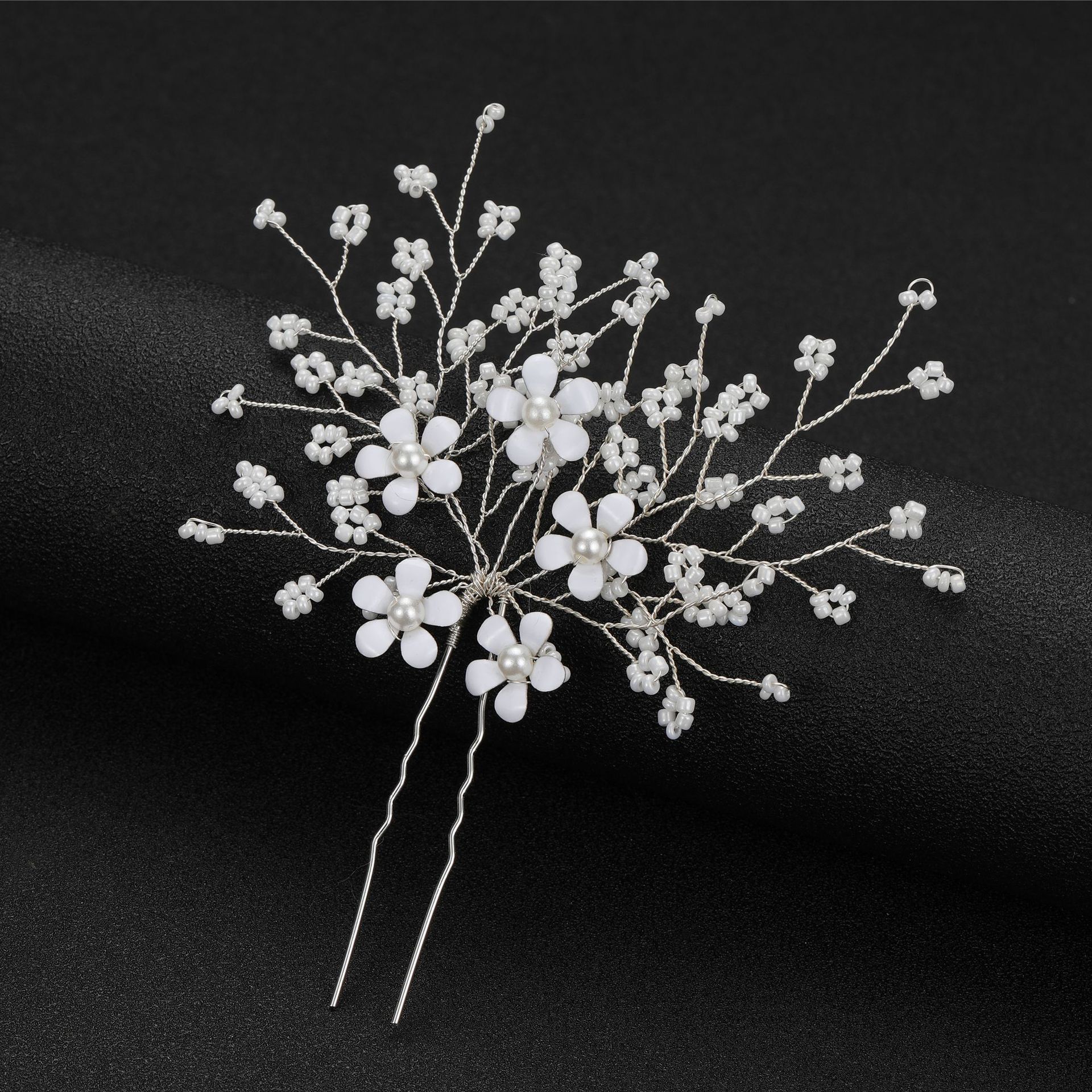 Perles de millet transfrontalières européennes et américaines fleurs blanches épingle à cheveux en forme de U coiffure accessoires de mariage de mariée en gros_voghion.com