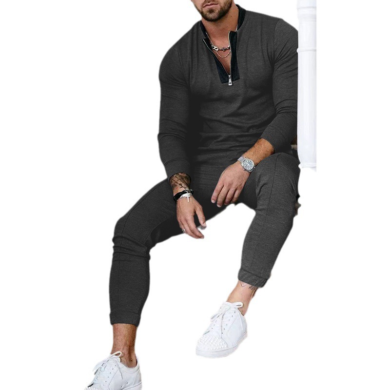 Men's Spring and Autumn 2024 Waffle Trouser Sweater Spliced Stand up Neck Zipper Sports Set_voghion.com