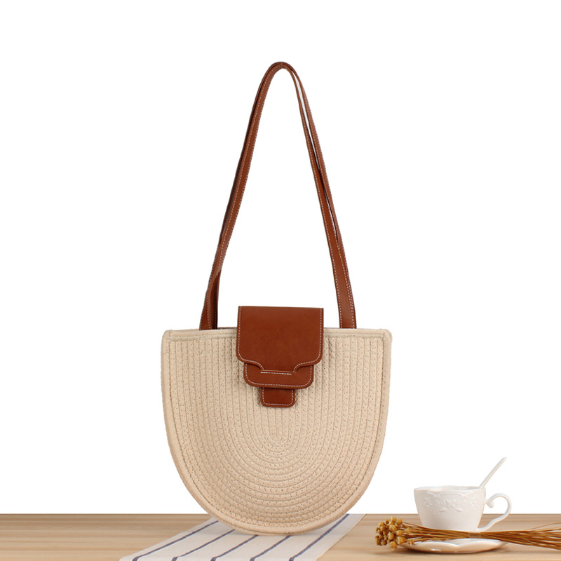 Borsa da spiaggia in stile pastorale con tracolla singola in paglia da donna_voghion.com