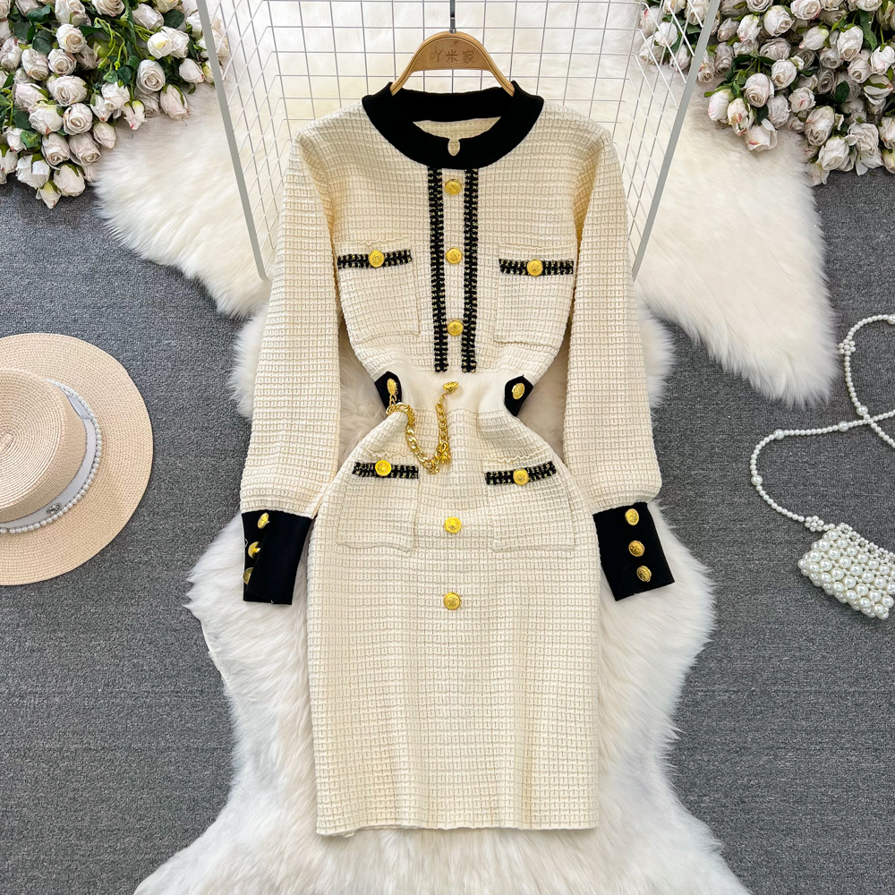 Women's Clothing Autumn and winter style celebrity temperament contrast color long sleeve round neck waist slimming medium long A line knitted dress