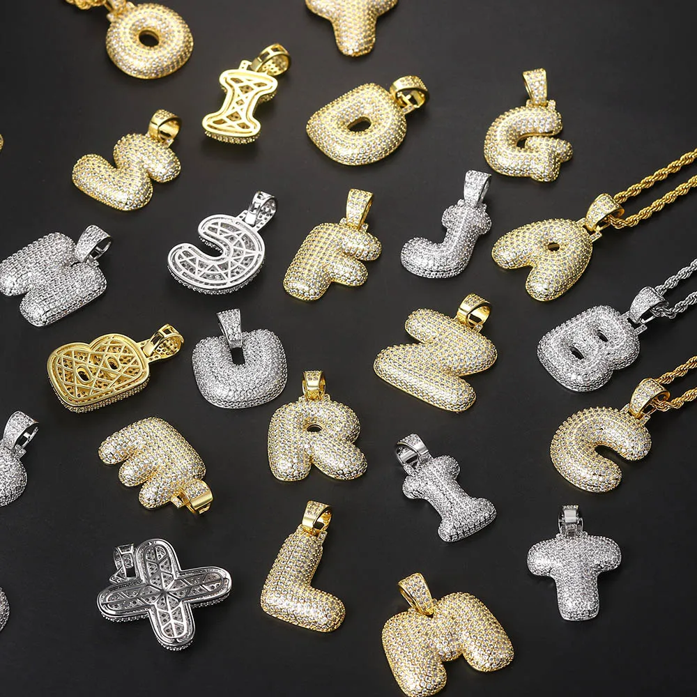 Anhänger Halsketten HipHop Bubble 26 Buchstaben Alphabet Name Initialen Iced Out CZ Halskette Edelstahlkette Rapper Punk_voghion.com