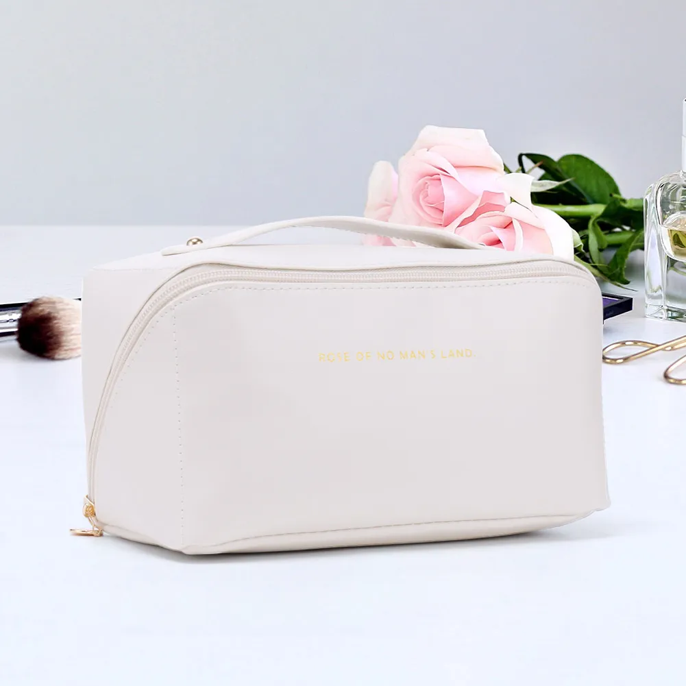 Trousse de maquillage en cuir pour femmes, grande capacité, organiseur de rangement pour pinceaux, idéal pour les voyages._voghion.com
