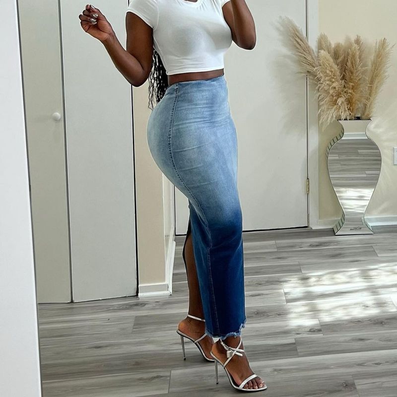 Damenbekleidung Mode Wer Schlitz Fransen Jeansrock_voghion.com