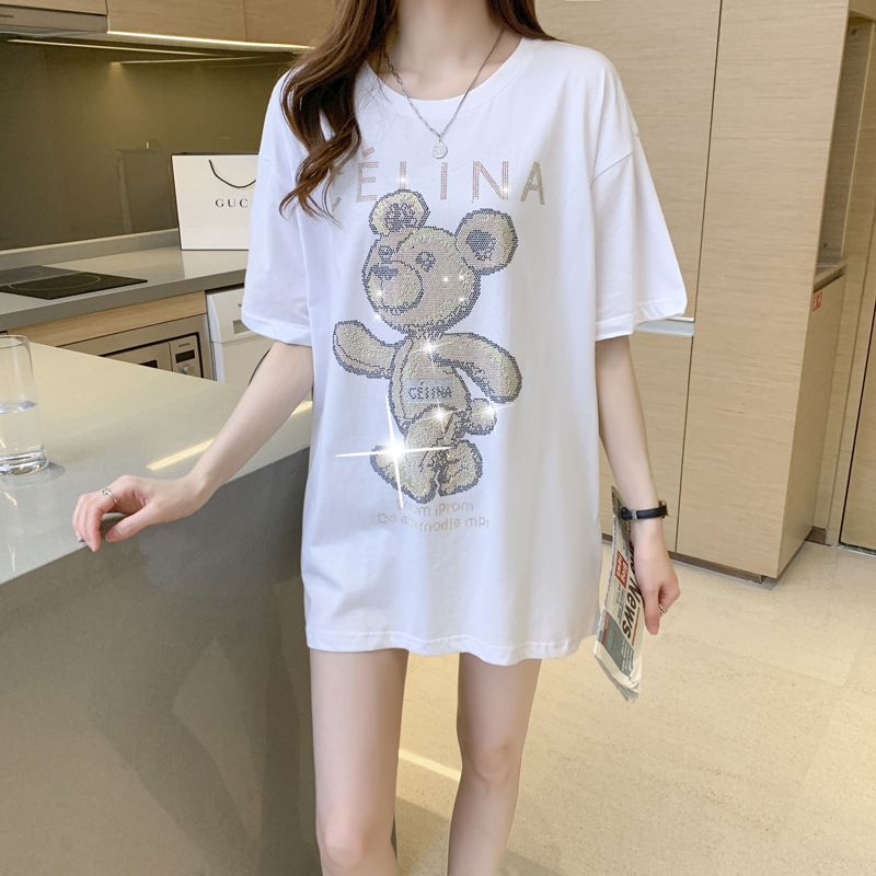 T-shirt estiva a maniche corte nera Bear Hot Diamond da donna in cotone pettinato, versione ampia di media lunghezza_voghion.com