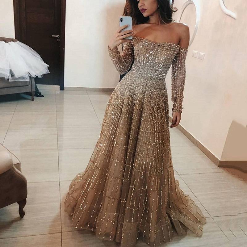 Women’s Clothing Sparkling Tube Top Long Sleeve Tube Top Dress Long Dress