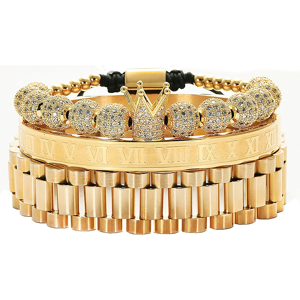 Mens Two-tone Crown Charm Bracelet Set 3 Piece Gold Cuff Bangle_voghion.com