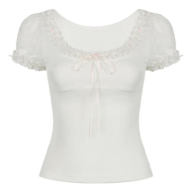 hot selling CIBBAR Sweet White T-shirt Fairycore Puff Sleeve Square Collar Crop Top Women Summer Casual Cute Lace Patchwork Shirts_voghion.com