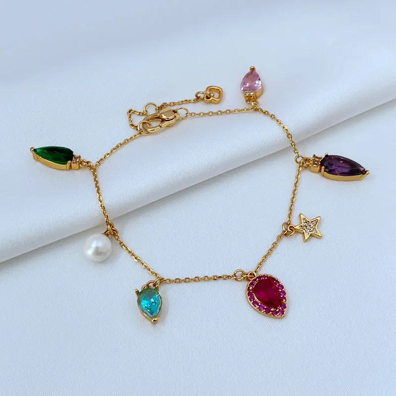 Gold Mode Bunte Zirkon Charme Armband Liebe Stern Perle Vier Blätter Fisch Anhänger Metall Armbänder Für Frauen Schmuck_voghion.com