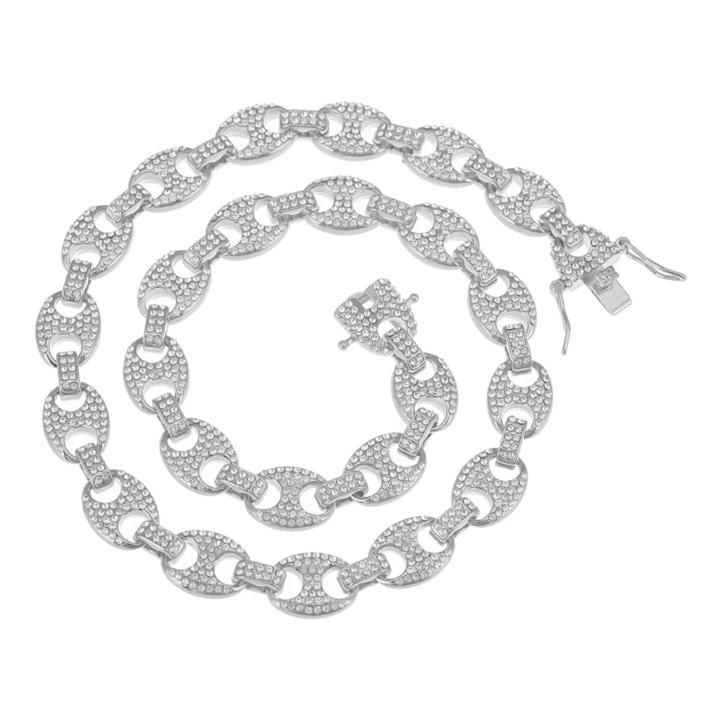 Gargantilla de cadena de eslabones y pulsera con diamantes de imitación y circonita cúbica helada en forma de grano de café brillante para hombre, joyería de estilo hip hop_voghion.com