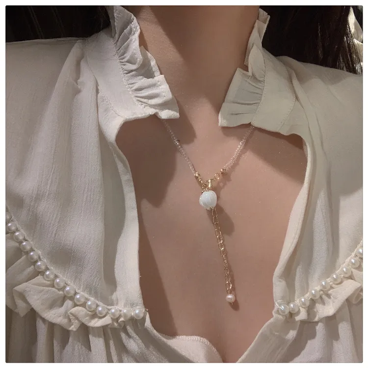 Colliers pendentifs Kawaii Cristal Fleur Bourgeon Collier de perles Doux et mignon Chaîne de clavicule sauvage Tempérament simple_voghion.com