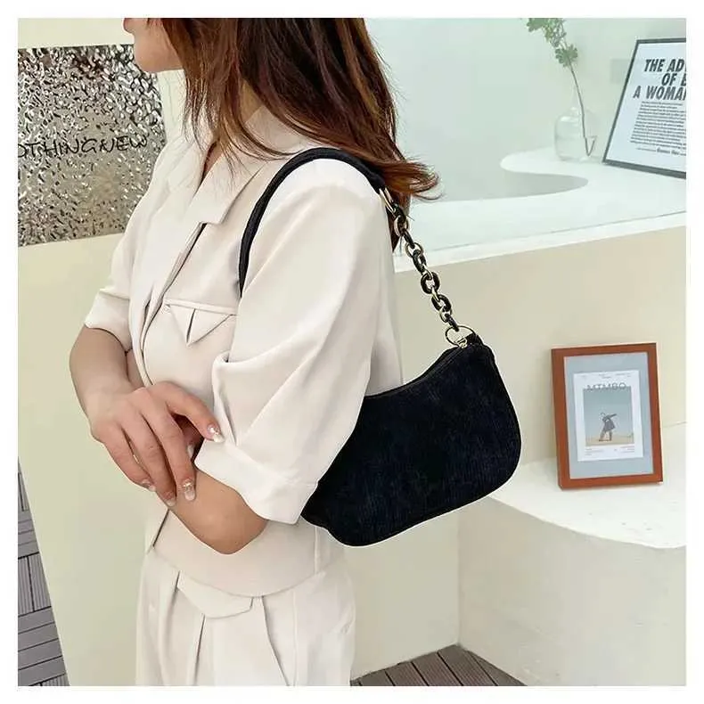 1 Stück Fi Retro Cord Unterarm lässige Umhängetasche einfarbig Reißverschluss Damen Handtasche Cluh Y241025_voghion.com