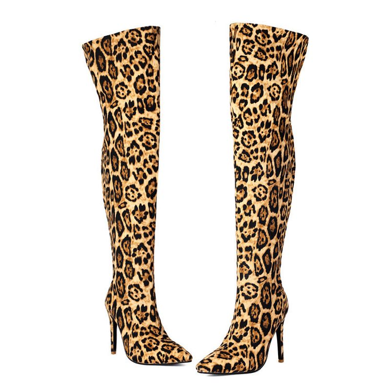 Autumn and winter high heels Pointed leopard print over knee cover legs slimming elastic boots large size 40-47 women's_voghion.com