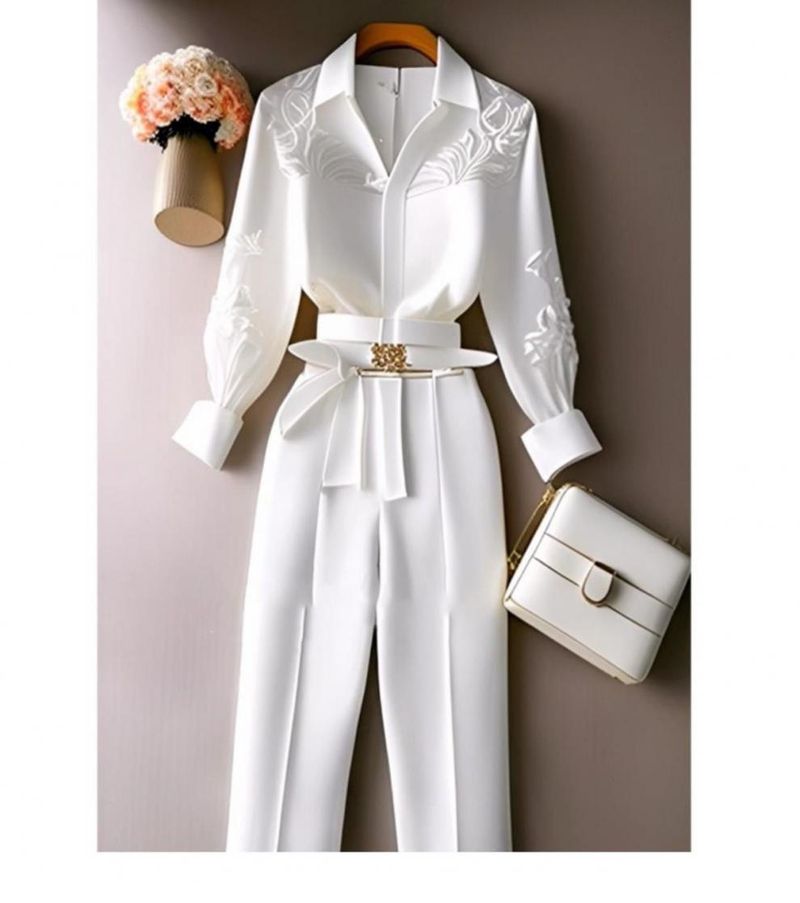 Women's clothing new capable temperament goddess style professional white shirt and pants two piece suit_voghion.com