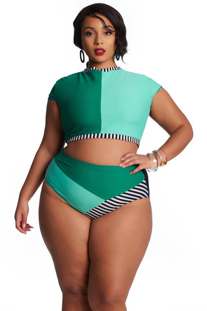 Women's Plus Size High Waist Bikini Swimsuit - Color Blocking, Tummy Control, Full Coverage, Comfortable & Stylish For Beach & Pool_voghion.com