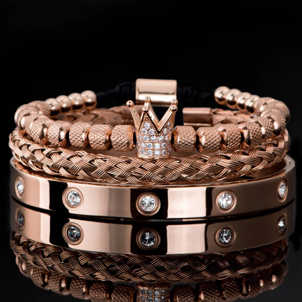 3 stk/sett Micro Pave CZ Crown Roman Royal Charm Men Armbånd Rustfritt stål Krystaller Armbånd Par Håndlagde smykker_voghion.com