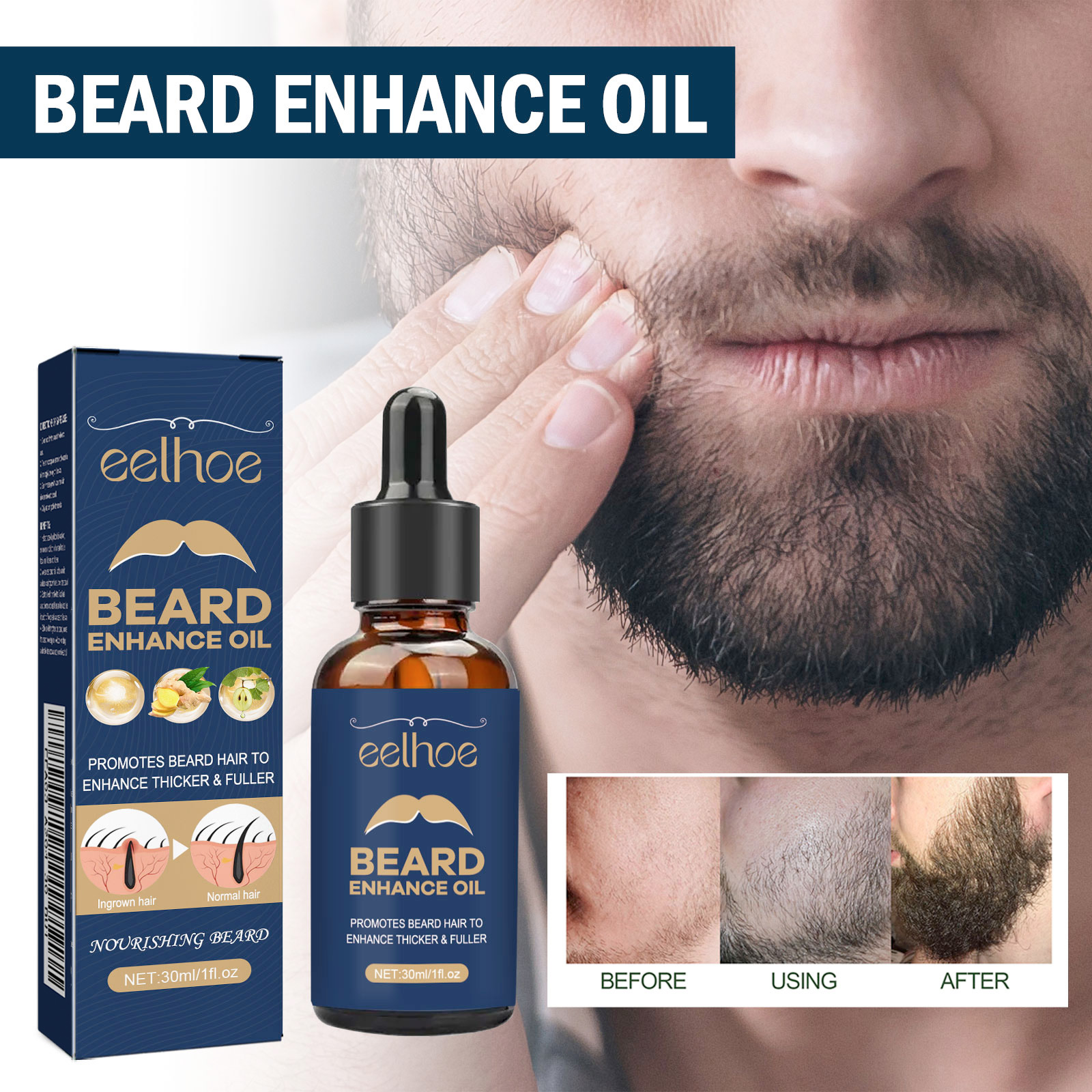 EELHOE Beard Treatment Oil, Strong Fur Root Moisturizing Soft Brightening Men's Beard Nourishing Thick Hair Essential Oil_voghion.com