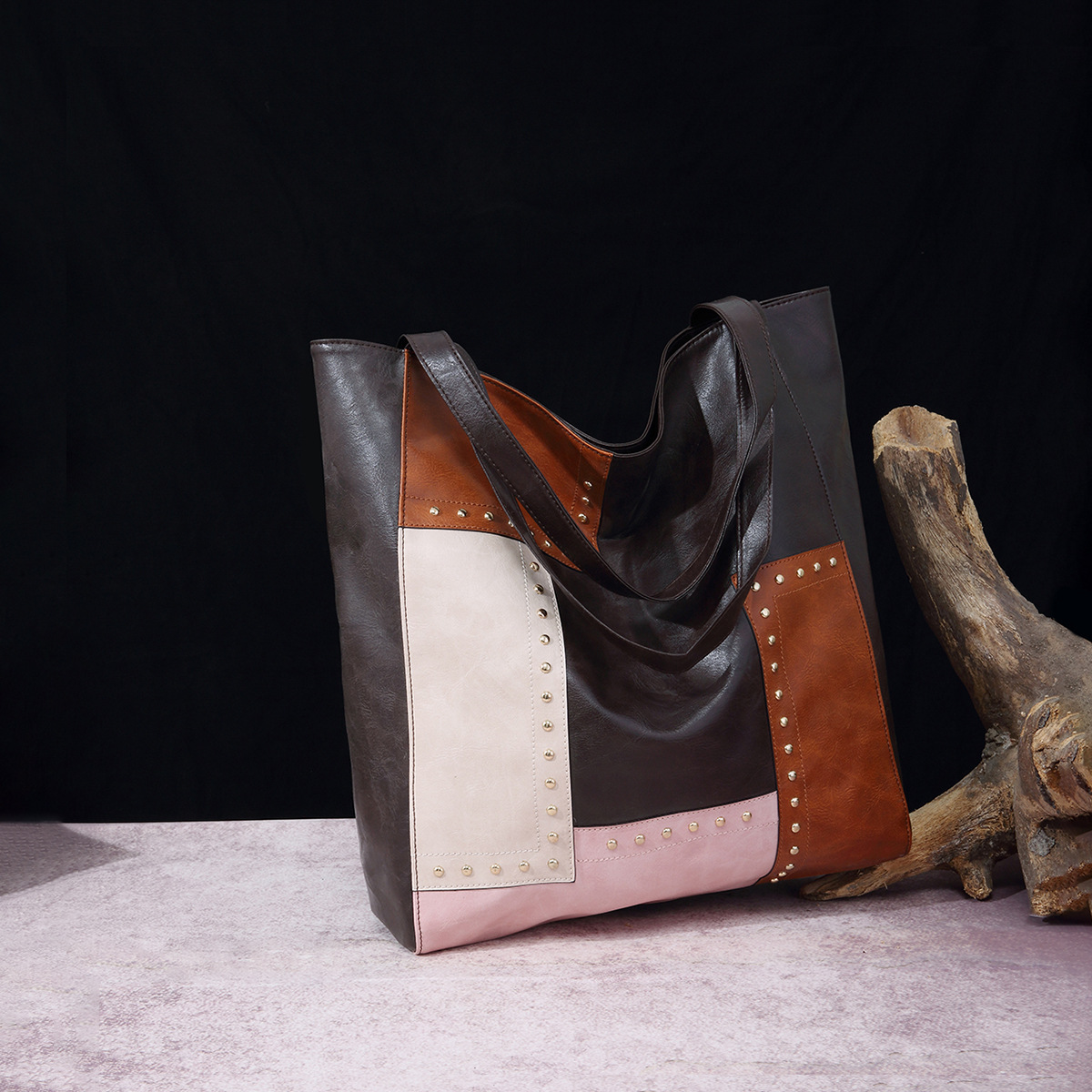 Borsa da donna, stile retrò, con rivetti, cuciture a contrasto, grande capacità, borsa a tracolla da donna_voghion.com