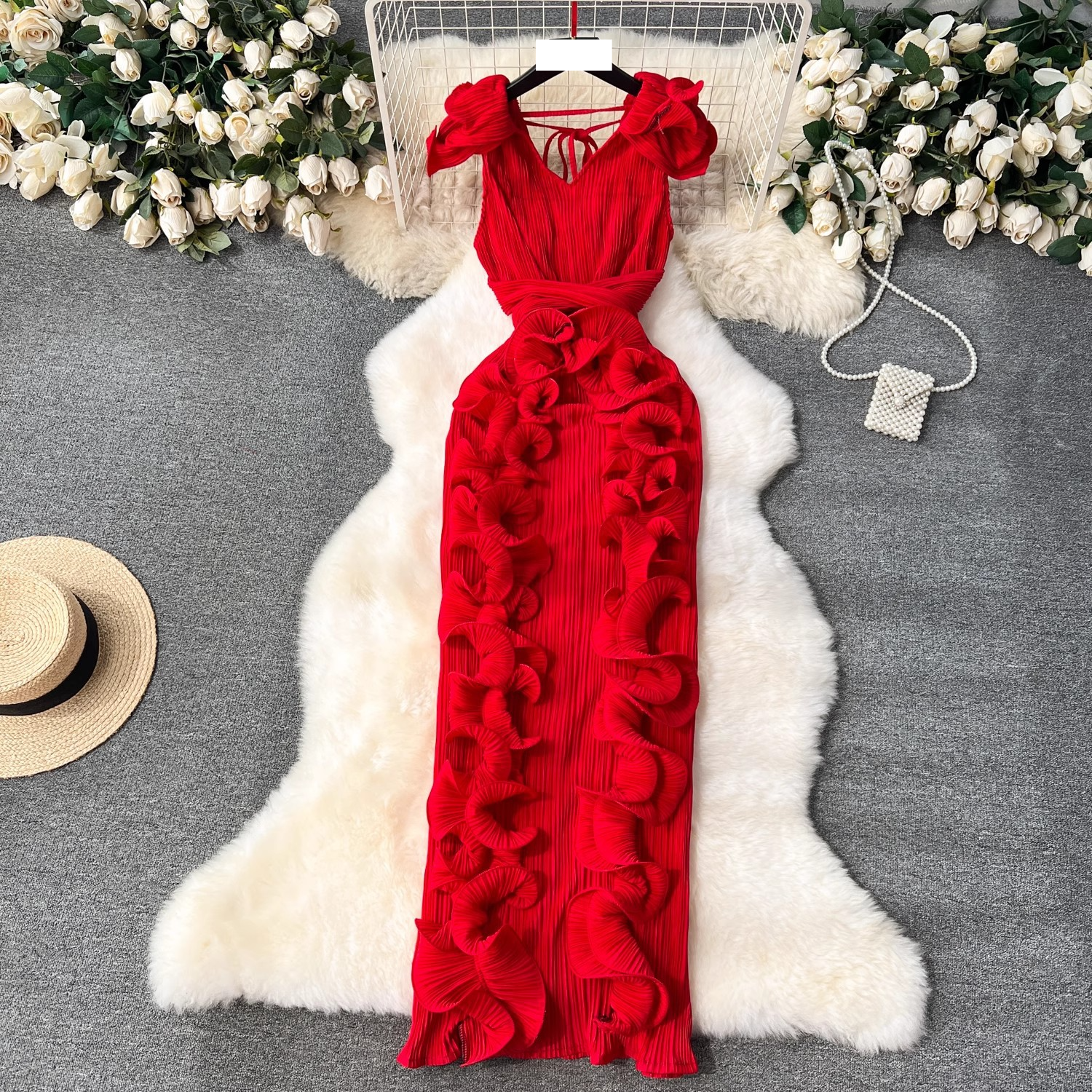 Robe de banquet haut de gamme pour femmes, niche de luxe légère et haut de gamme, plissée en trois dimensions, à volants, slim, longue robe de tempérament pour femmes