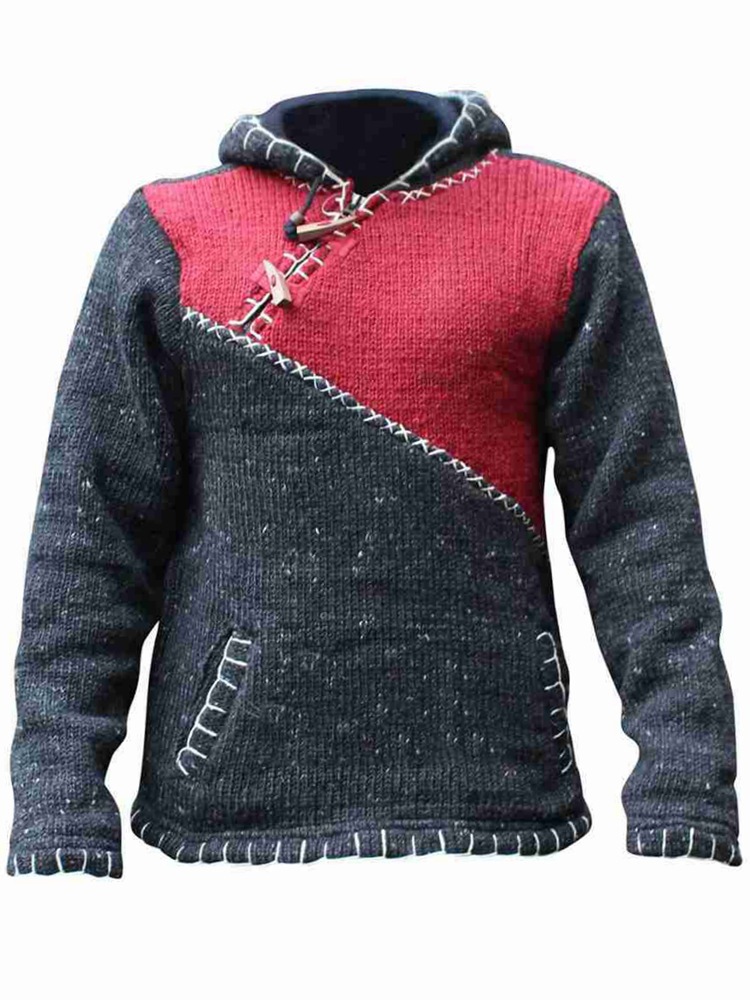 Maglione con cappuccio da uomo, a maniche lunghe, in maglia, con patchwork, casual, invernale, alla moda, per ragazzi_voghion.com