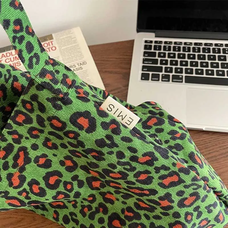 Sac à main en velours côtelé pour femme avec bandoulière en tissu imprimé panthère verte, grande capacité, sac de loisirs, de voyage, de shopping_voghion.com