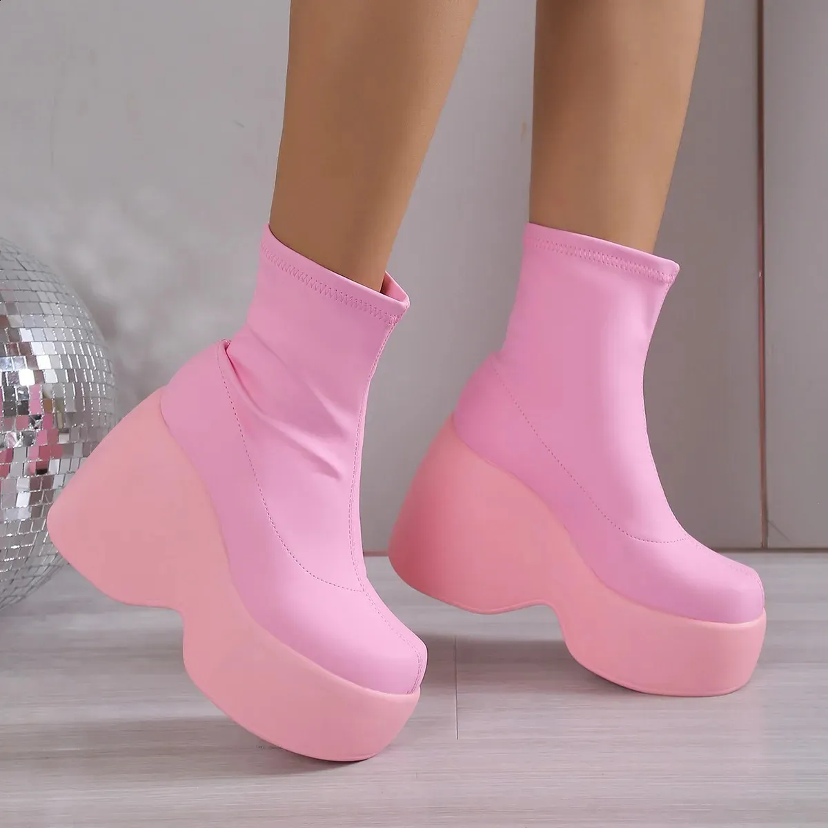 Gothic Womens Sexy Short and Fat Platform Soft Leather Ankle Boots Comfortable Walking Sock Sole Size 42 240911_voghion.com