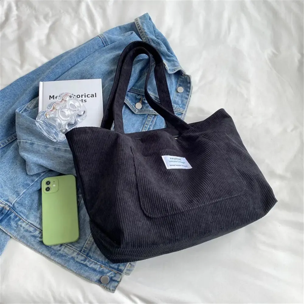 Dame skulderhåndtasker Corduroy tote stor indkøbstaske 240822_voghion.com