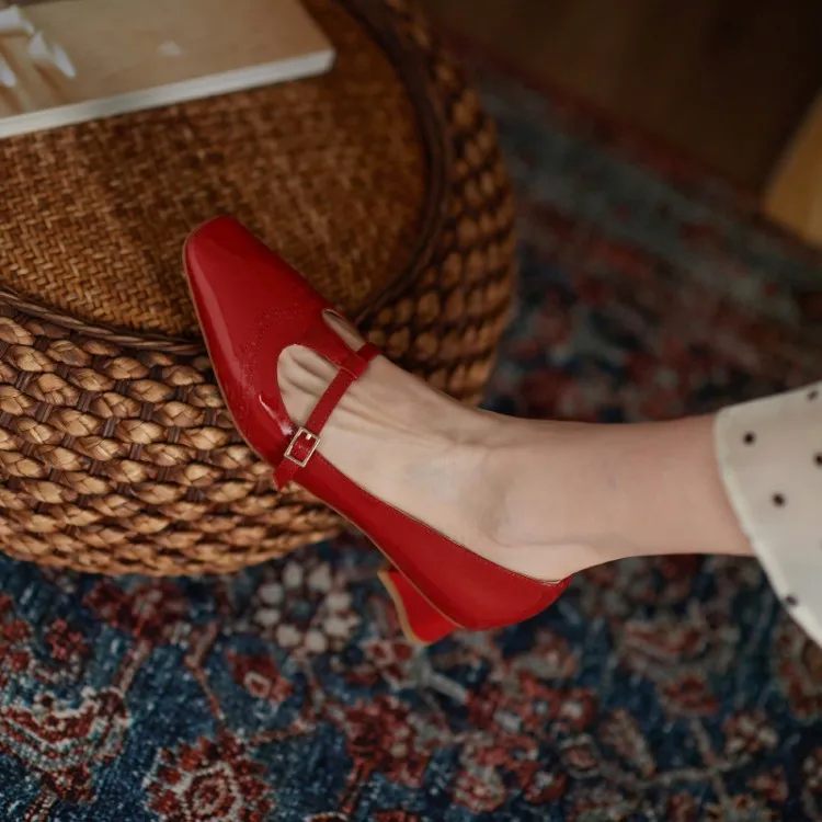 Shoes Spring/Autumn Patent Leather Solid Color T-shaped Buckle Pumps Square Toe Chunky Heel Versatile Mary Jane For_voghion.com