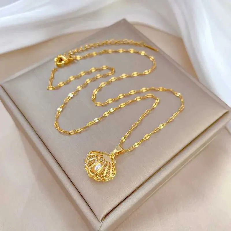 Anhänger Halsketten Modische leichte personalisierte Mikro-verzierte Schmuck Muschel Perlenkette klassischer Edelstahl_voghion.com