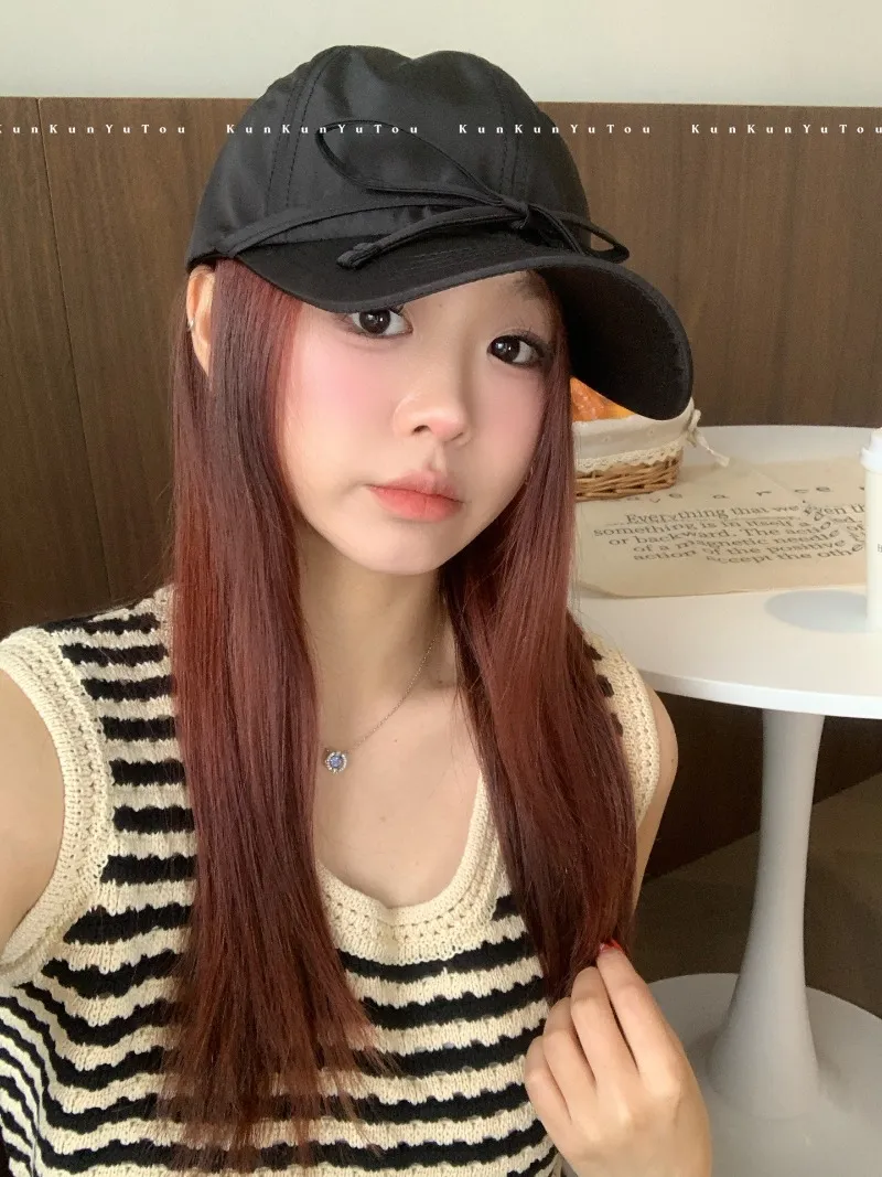 Cappellini da baseball coreani di nicchia con cinturini dolci, fiocco, morbido, tinta unita, da donna, versatili, con testa grande, regolabili_voghion.com