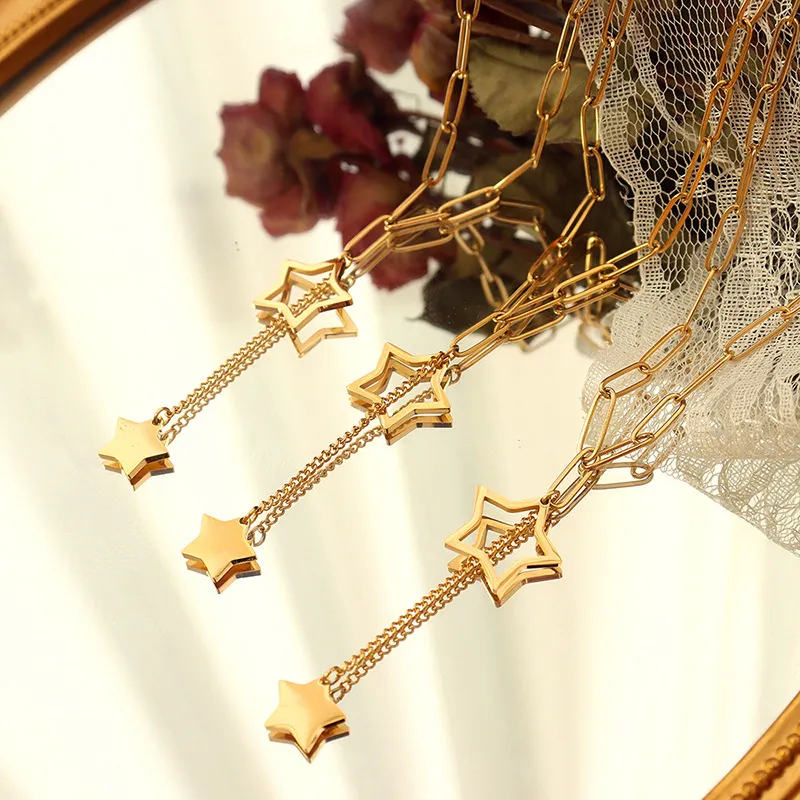 Catene 2023 Delicata Donna 14K Placcato Oro Acciaio Inossidabile Graffetta Catena Collana Stella Ciondolo Choker Nappa Collane_voghion.com