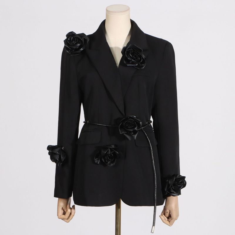 Women's Clothing temperament black three dimensional wer lace ing design long sleeved suit jacket_voghion.com