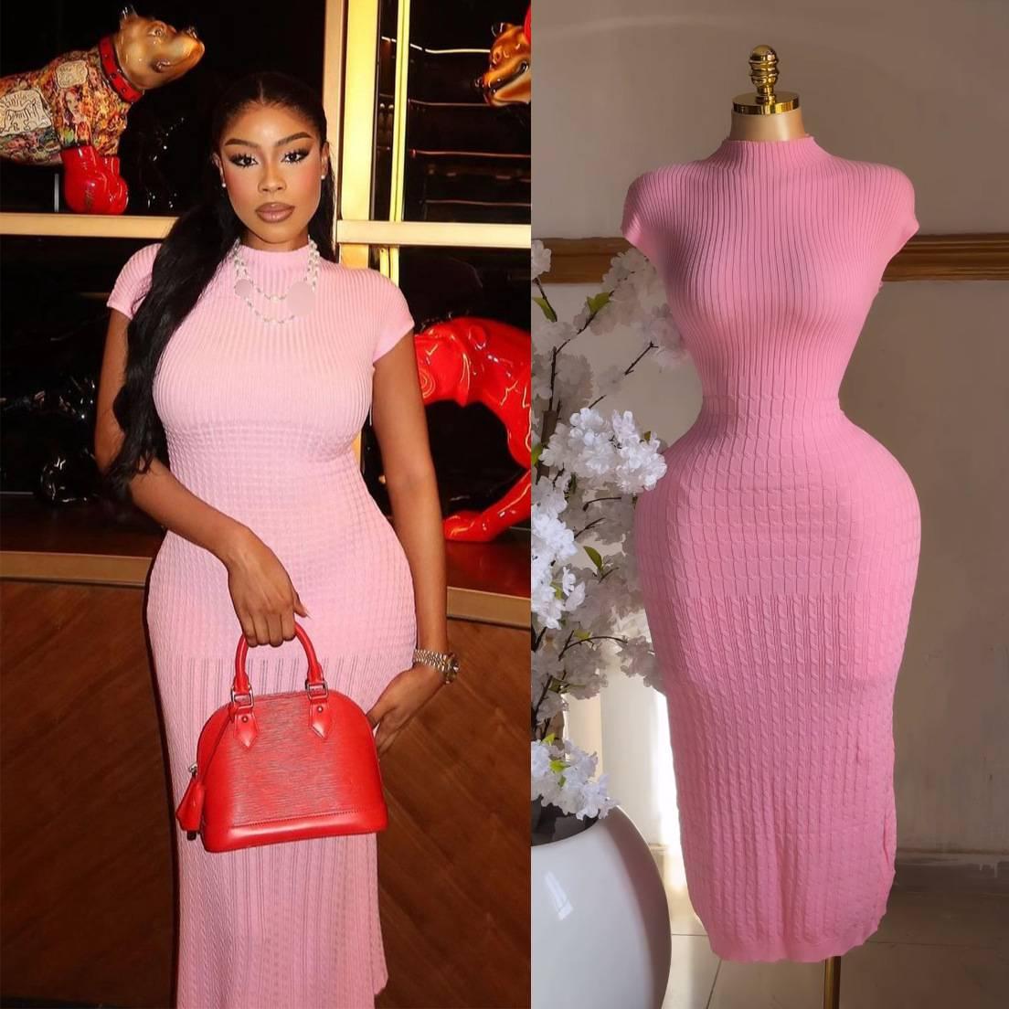 Women’s Clothing Bag Set Square Collar Short Sleeve High Waist A Line Puffy Skirt Dress