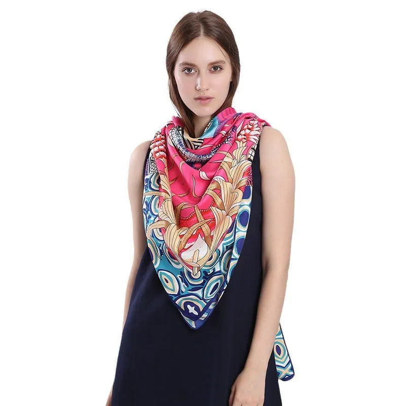 Twill Silk Scarf Indian Feather Print Square Head Wrap Hijab_voghion.com