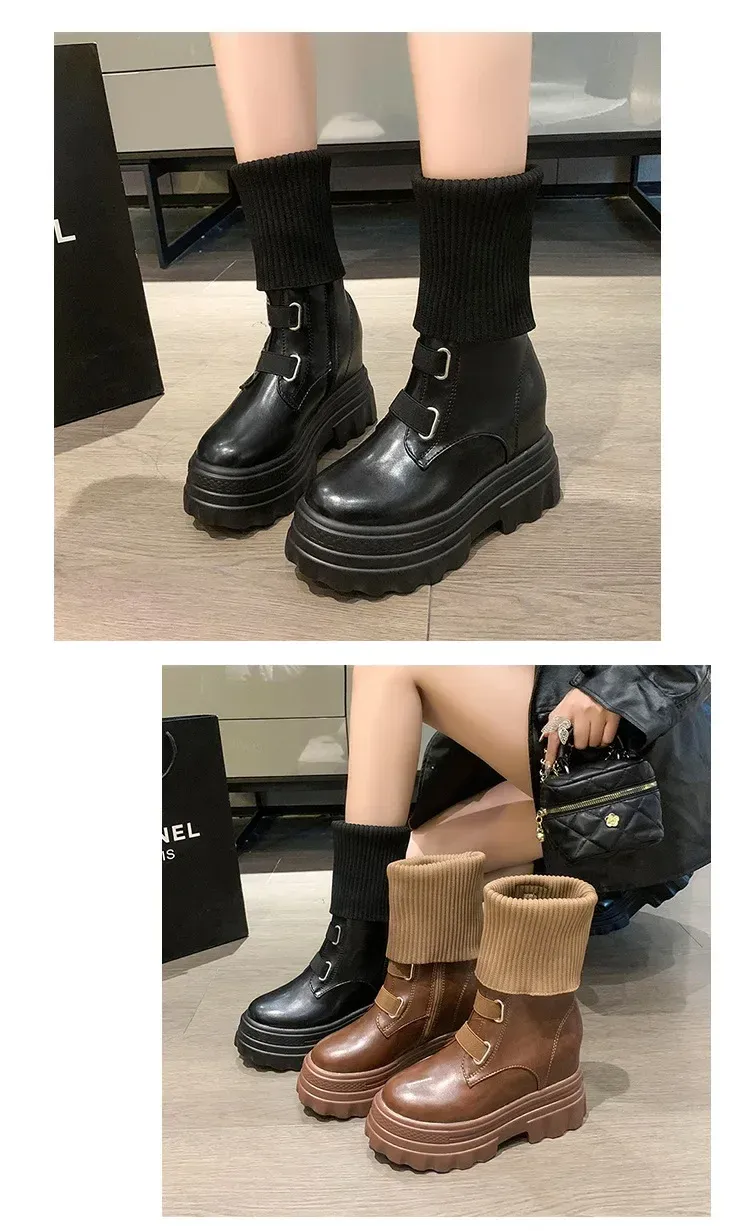 Platform Women Gothic Elastic Band Wedges Boots Frosted Leather Thick Sole Punk Internal Increated Short Botas Mujer_voghion.com