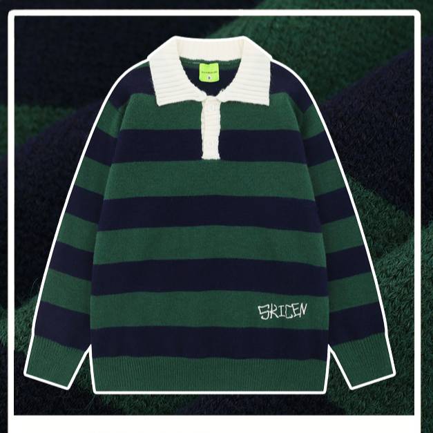 ​​Retro Striped Polo Knit Sweater, Oversized Collared Pullover, Vintage-Inspired Unisex Winter Sweater In Dark Green & Black/White​​_voghion.com