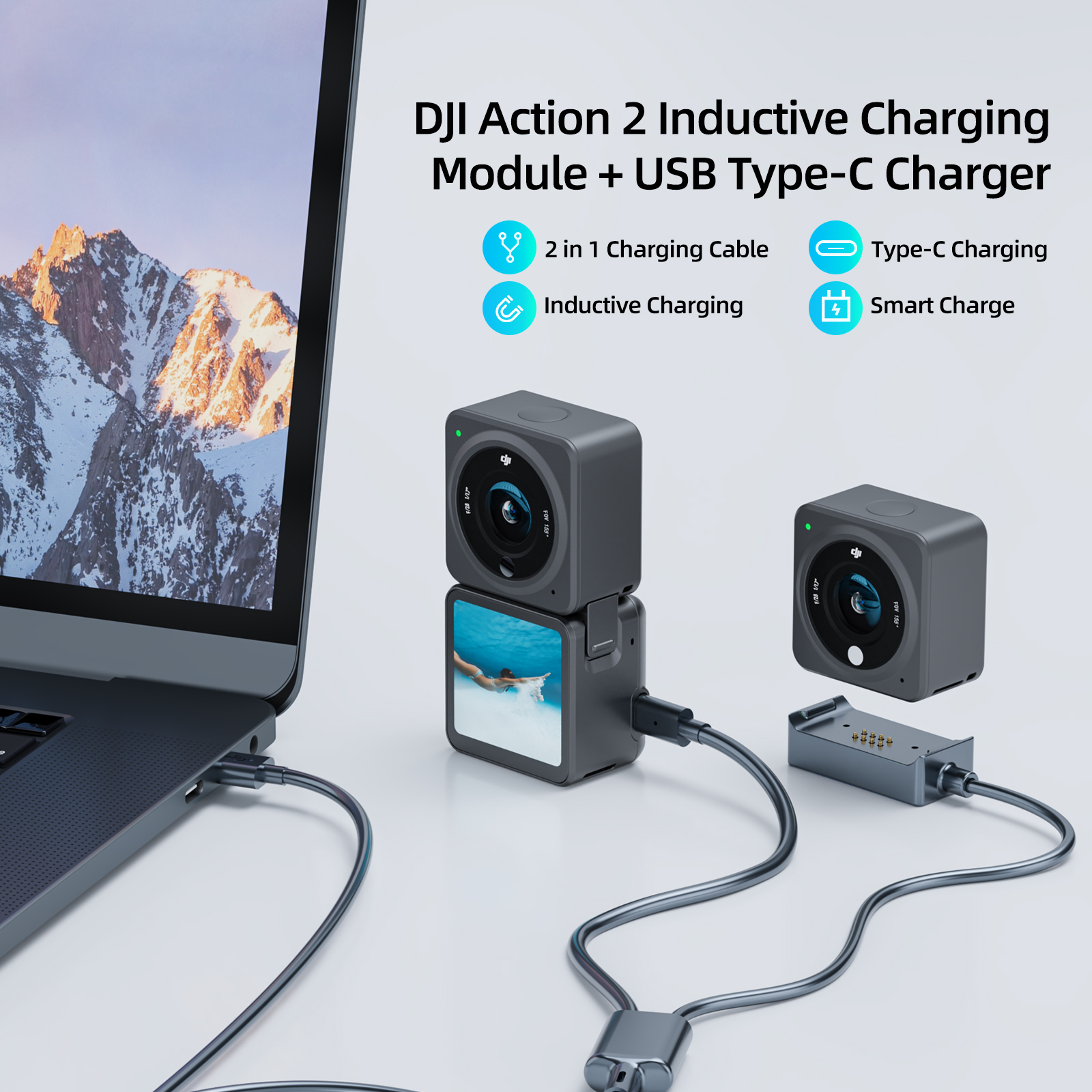 2 v 1 Inteligentní rychlonabíjecí kabel s magnetickou základnou typu C pro přenos dat pro kameru DJI Action 2 s dvojitou obrazovkou a napájením_voghion.com