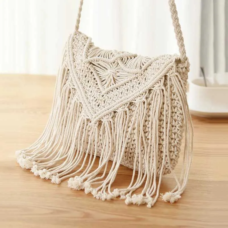 Handmade Cotton Woven Knitted Crossbody Bag With Tassels Vintage_voghion.com