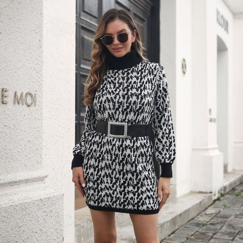 Robe en tricot jacquard à manches longues pour femme avec col pull_voghion.com