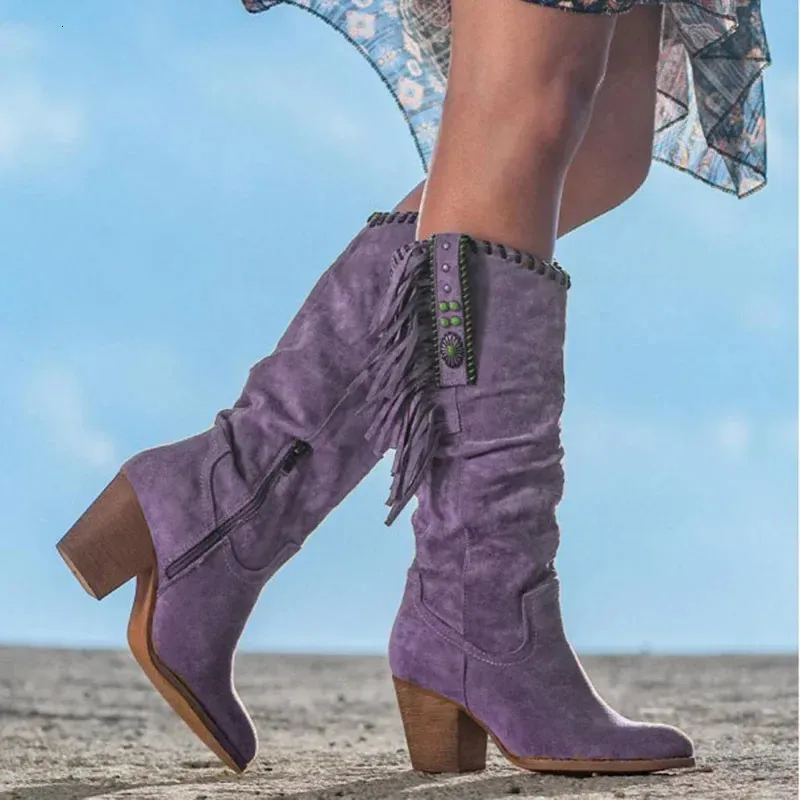 Autumn Winter Retro Sexy Slim Womens Knee Square High Heels Pointed Toe Platform Tassel Western Denim Shoes 241024_voghion.com