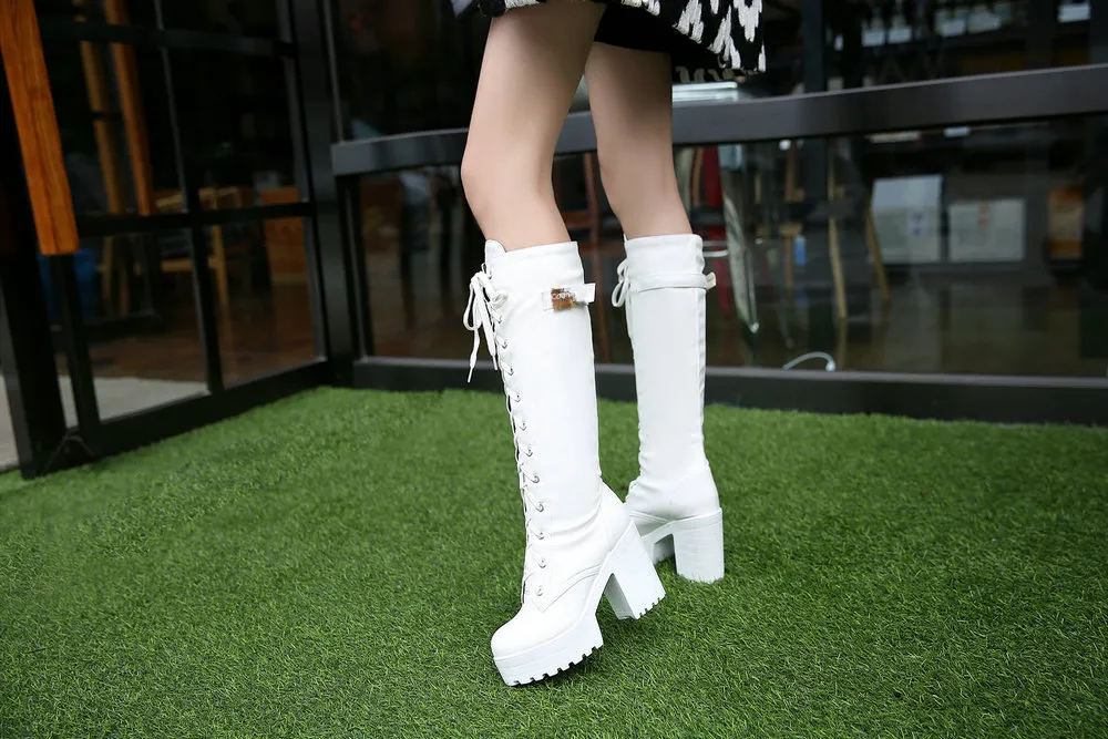 Foreign Trade Martin British Style Thin Leg Waterproof Platform Retro Thick High Heel Boots Women's Large Size Shoes_voghion.com