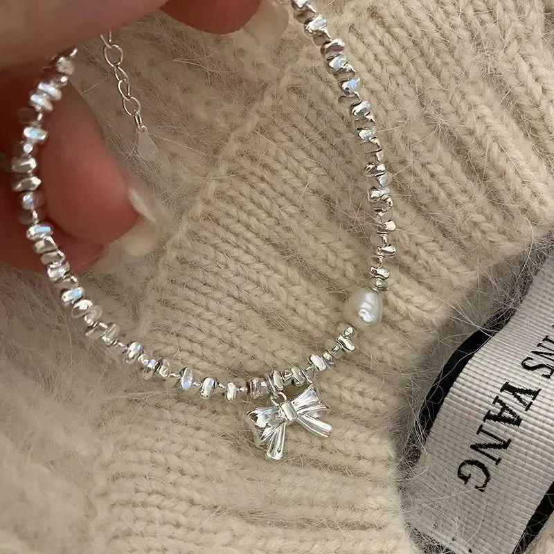 Pearl Bow Charm Bracelet For Women Sterling Silver Double Layer_voghion.com