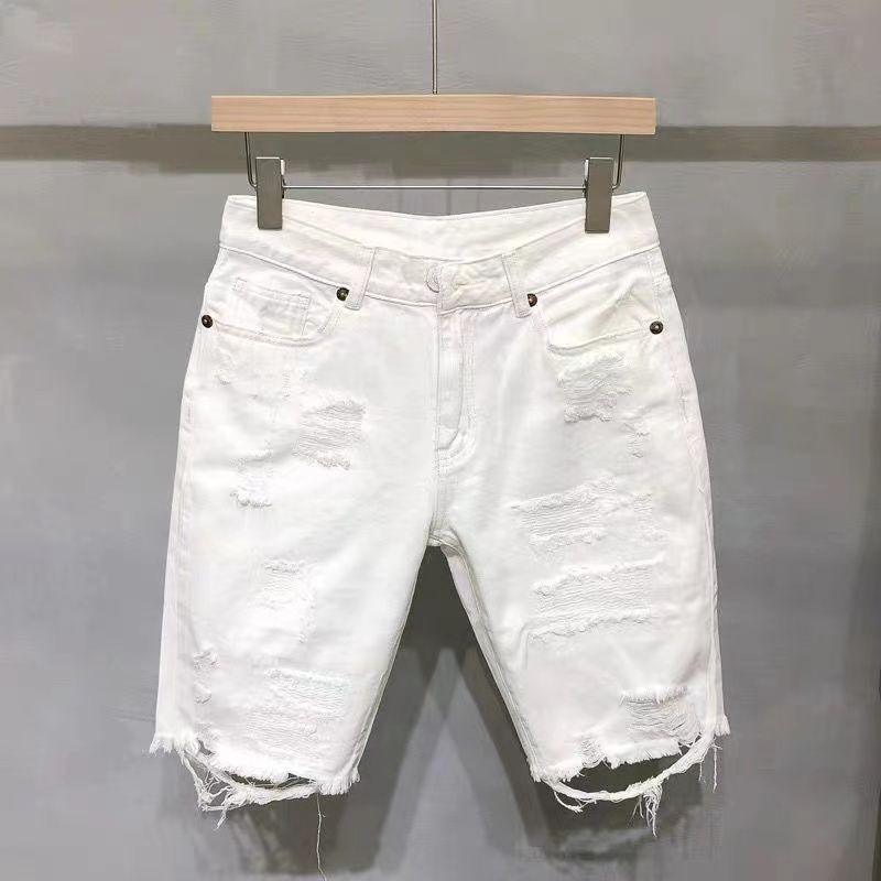Men's Clothing Ripped denim shorts men's summer thin loose straight cat whisker white five-point pants trendy brand mid-length pants