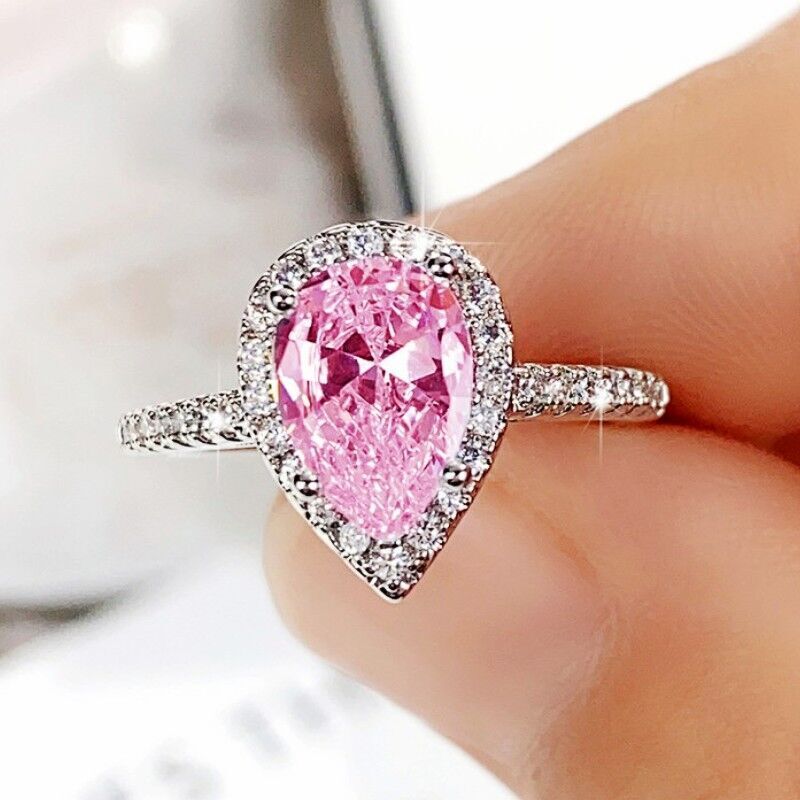 2025 Neuheiten Huitan Pink/Kristall Waterdrop Kubischer Zirkon für Frauen Klassisches Design Eternity Hochzeit Verlobungsringe Silber Farbe Schmuck_voghion.com