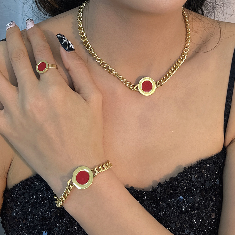 Gute Nuovo Set di Gioielli Geometrici Rotondi in Acciaio Inox con Catena Cubana, Collana, Bracciale, Orecchini e Anello per Donna_voghion.com