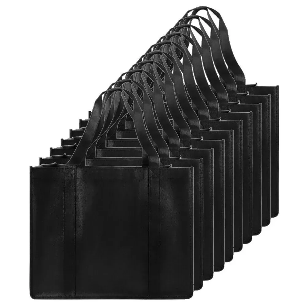Non-Woven Black And Gray Simple Foldable Portable Eco-Friendly Large Capacity Reusable Grocery Duty Shopping Bags Totes_voghion.com