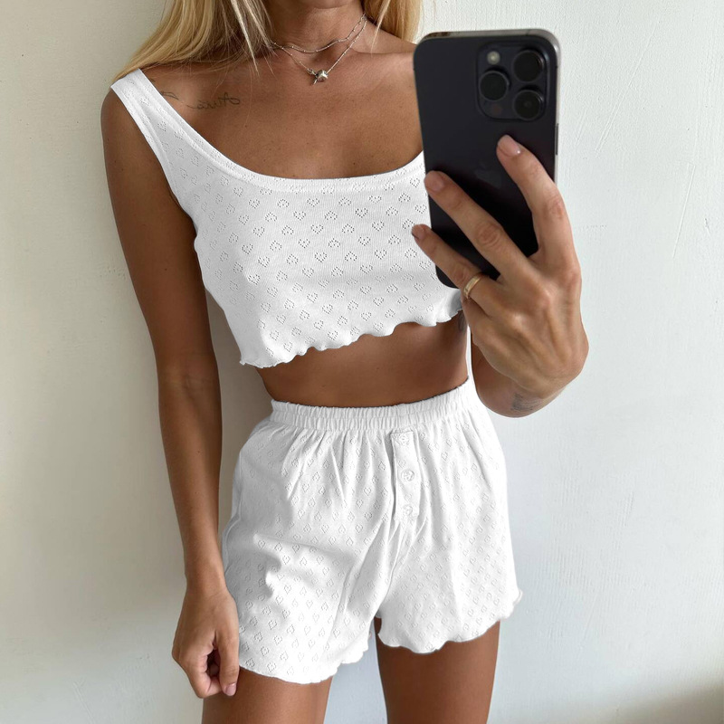 Ensemble de vêtements de nuit décontractés pour femmes, couleur unie, bretelles creuses, vêtements de maison, nouvelle collection été 2025_voghion.com
