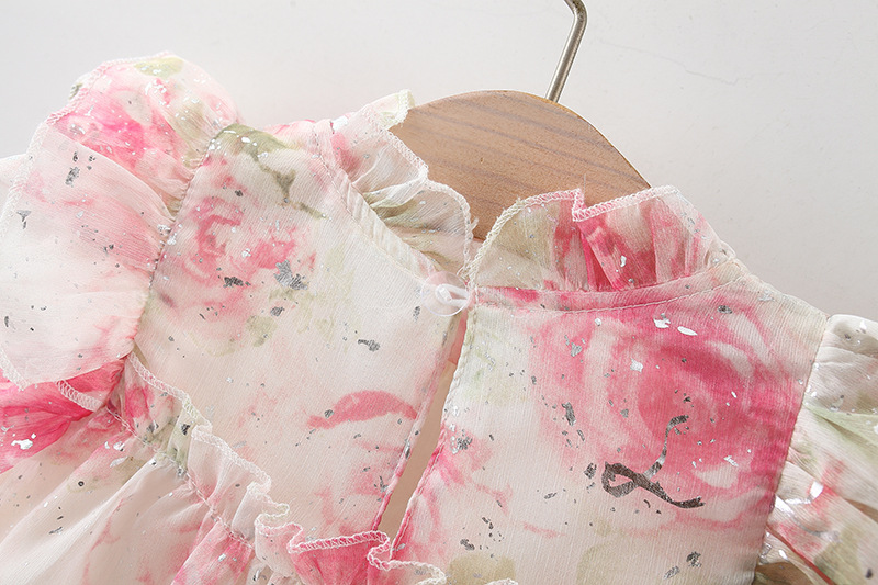 Baby Yellow Dress Baby Girl Rose Flower Printed Chiffon Princess Dress Send Beach Hat_voghion.com